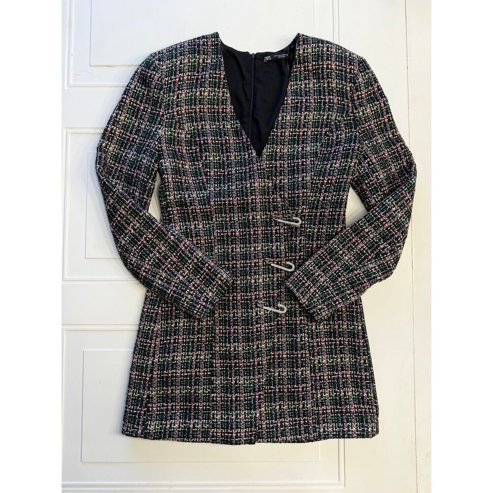 Zara Womens Sz M Black Tweed Metallic Rhinestone Safety Pin Blazer Mini Dress - Picture 2 of 9